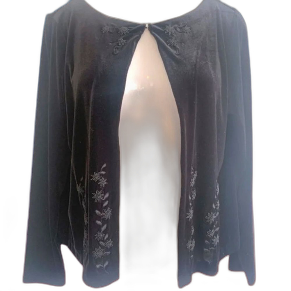 Liz & Co Black Velvet Topper Jacket Embellished Holiday Party Semi Formal Sz L
